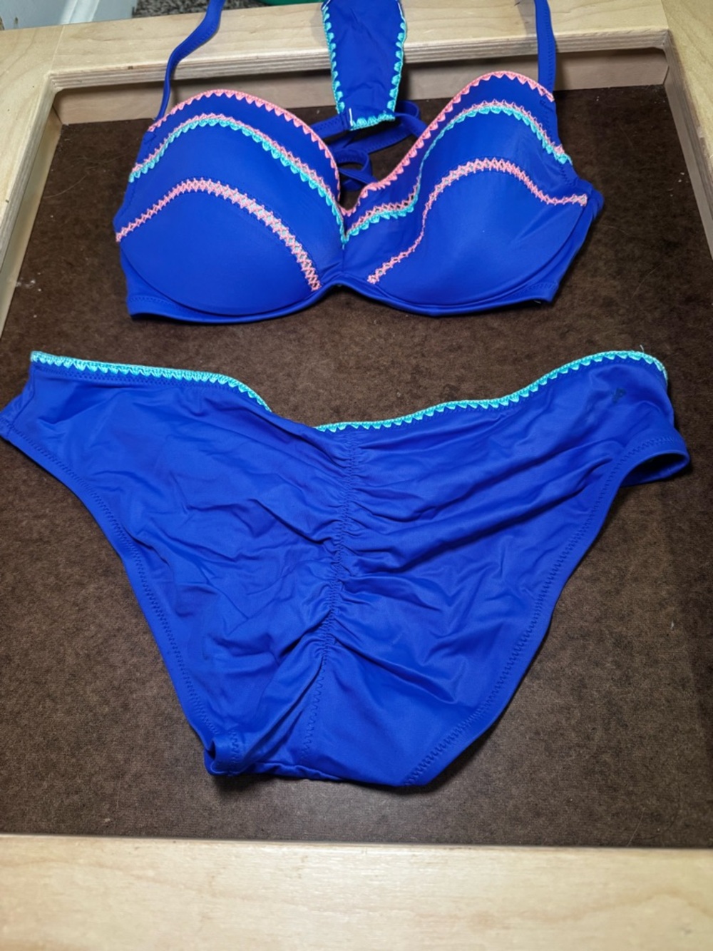 Shade and Shore Blue Two-Piece Bikini with Decorative orange and teal trim - Picture 4 of 7